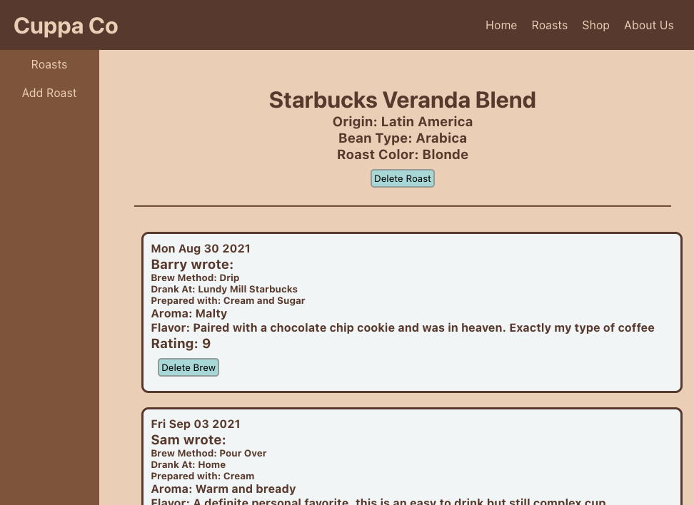 Screenshot of coffee review site