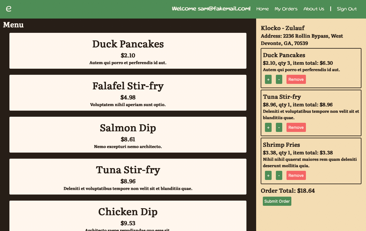 Screenshot of ordering from a menu